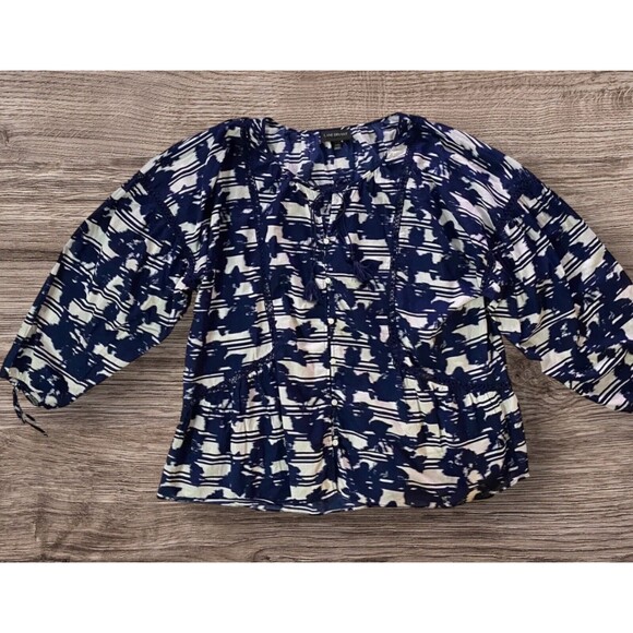 Lane Bryant Top Peasant Blue White Button Front Blouse Tassel Tie Size 18/20 - Picture 1 of 11